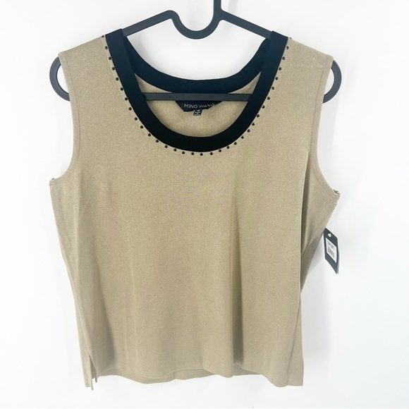 ✅ NWT MING WANG TAN AND BLACK CROPPED TOP WITH SCOOP NECK SIZE SMALL - Picture 1 of 7